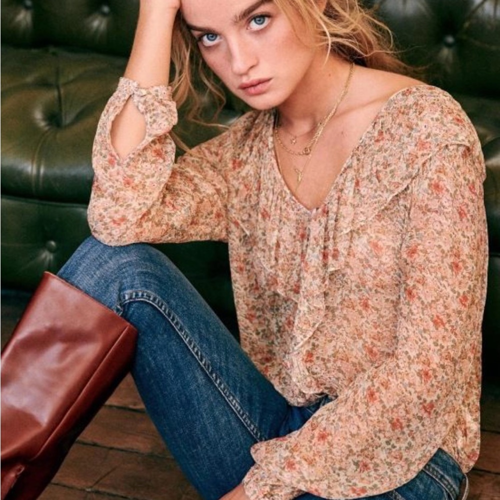 Sezane Pink Ruffled 3/4 Sleeve Blouse